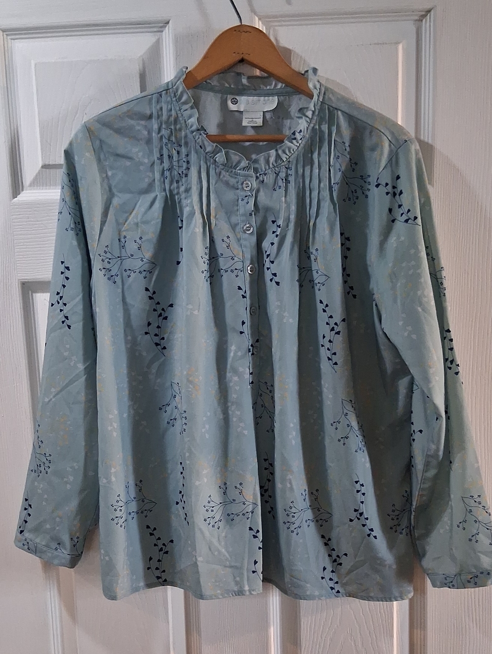 Light Blue Floral Ruffle-Neck Button-Down Blouse